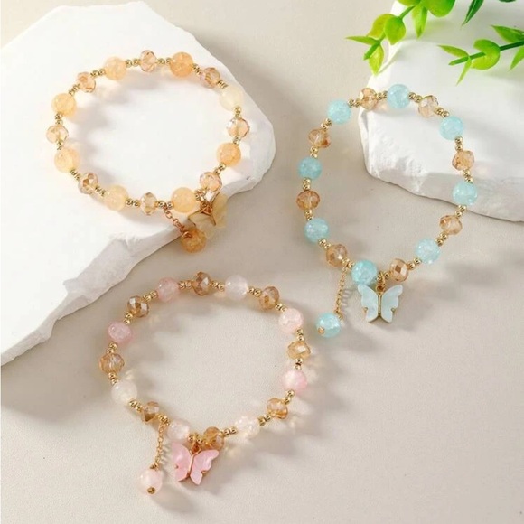 NEW! Set of 3 Sparkling Beaded Butterfly Charm Bracelets - Picture 4 of 4